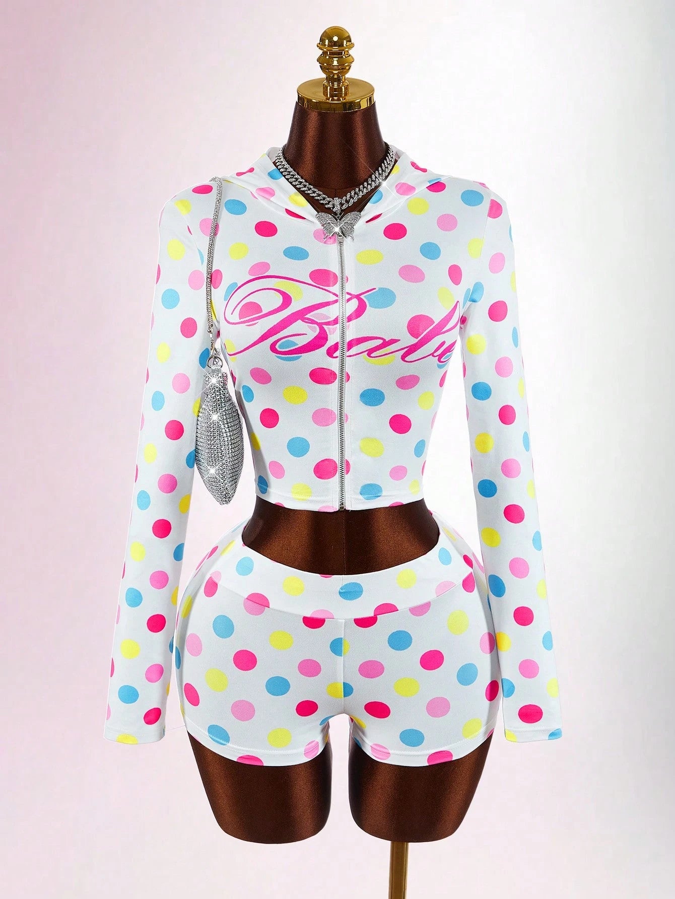 Bumpella Women's White Polka Dot Street Wear Y2k Vacation Cute Mini 2-Piece Set Long Sleeve Jacket Top Super Low-Waist Shorts Everyday Autumn