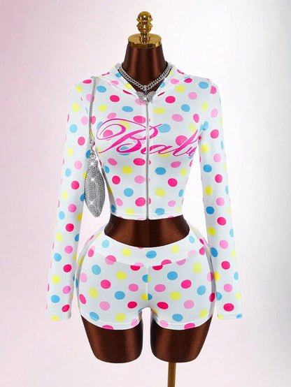 Bumpella Women's White Polka Dot Street Wear Y2k Vacation Cute Mini 2-Piece Set Long Sleeve Jacket Top Super Low-Waist Shorts Everyday Autumn