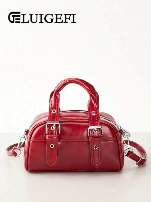Burgundy Patchwork PU With Metallic Perforations Long Shoulder Strap Fashionable Punk Inspired Preppy Bowling Bag Minimalist Ladies' Crossbody Bag