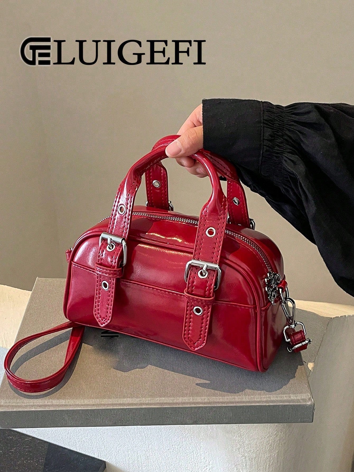 Burgundy Patchwork PU With Metallic Perforations Long Shoulder Strap Fashionable Punk Inspired Preppy Bowling Bag Minimalist Ladies' Crossbody Bag