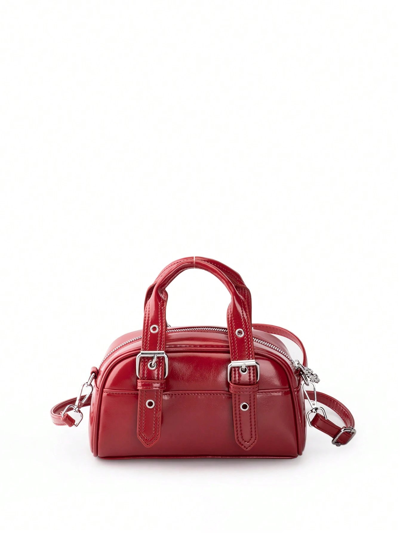 Burgundy Patchwork PU With Metallic Perforations Long Shoulder Strap Fashionable Punk Inspired Preppy Bowling Bag Minimalist Ladies' Crossbody Bag