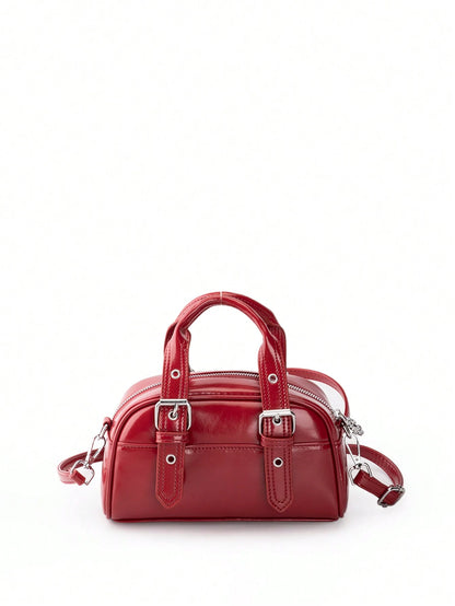Burgundy Patchwork PU With Metallic Perforations Long Shoulder Strap Fashionable Punk Inspired Preppy Bowling Bag Minimalist Ladies' Crossbody Bag