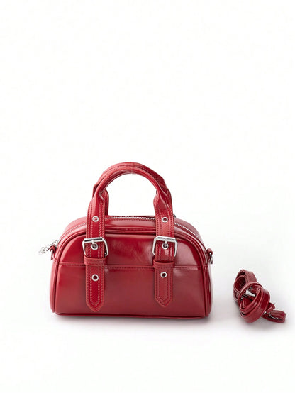 Burgundy Patchwork PU With Metallic Perforations Long Shoulder Strap Fashionable Punk Inspired Preppy Bowling Bag Minimalist Ladies' Crossbody Bag