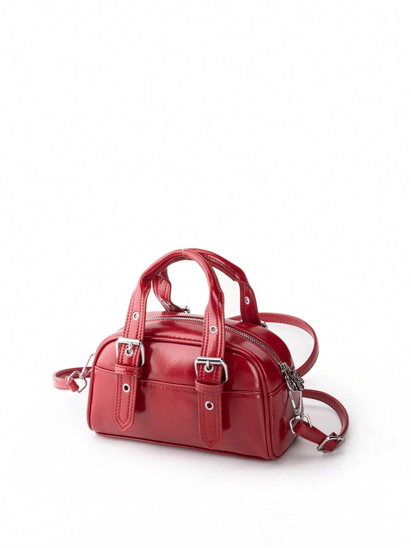 Burgundy Patchwork PU With Metallic Perforations Long Shoulder Strap Fashionable Punk Inspired Preppy Bowling Bag Minimalist Ladies' Crossbody Bag