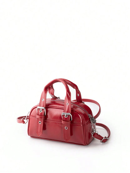 Burgundy Patchwork PU With Metallic Perforations Long Shoulder Strap Fashionable Punk Inspired Preppy Bowling Bag Minimalist Ladies' Crossbody Bag