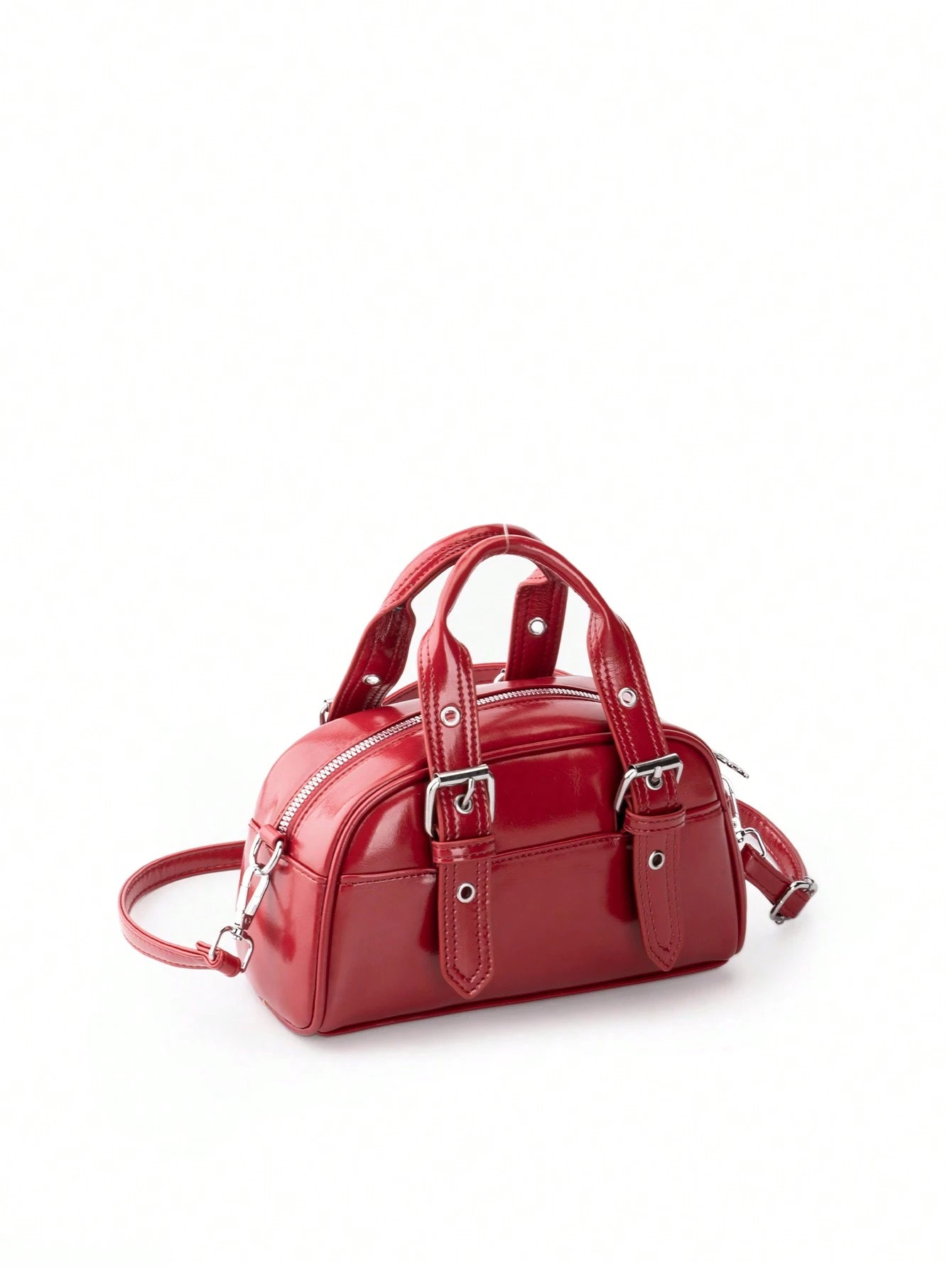 Burgundy Patchwork PU With Metallic Perforations Long Shoulder Strap Fashionable Punk Inspired Preppy Bowling Bag Minimalist Ladies' Crossbody Bag