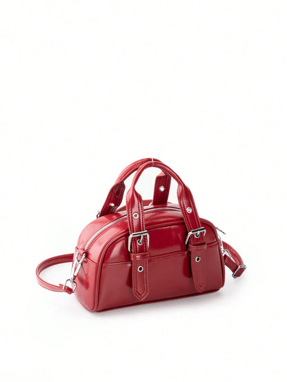 Burgundy Patchwork PU With Metallic Perforations Long Shoulder Strap Fashionable Punk Inspired Preppy Bowling Bag Minimalist Ladies' Crossbody Bag