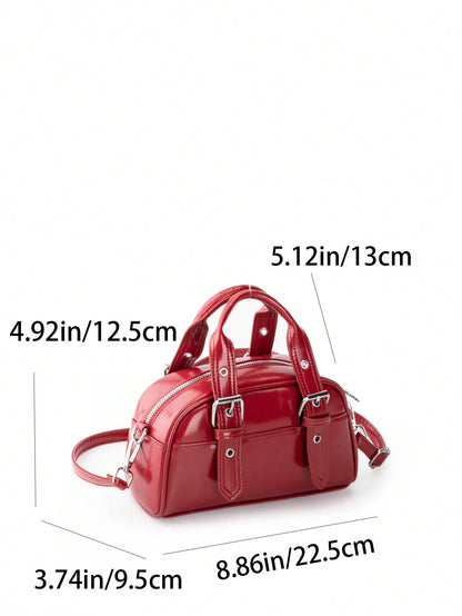Burgundy Patchwork PU With Metallic Perforations Long Shoulder Strap Fashionable Punk Inspired Preppy Bowling Bag Minimalist Ladies' Crossbody Bag