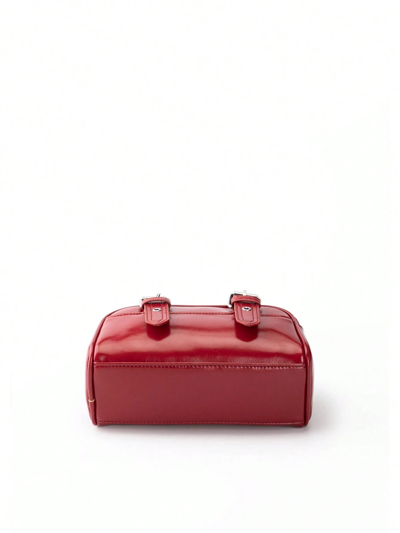 Burgundy Patchwork PU With Metallic Perforations Long Shoulder Strap Fashionable Punk Inspired Preppy Bowling Bag Minimalist Ladies' Crossbody Bag