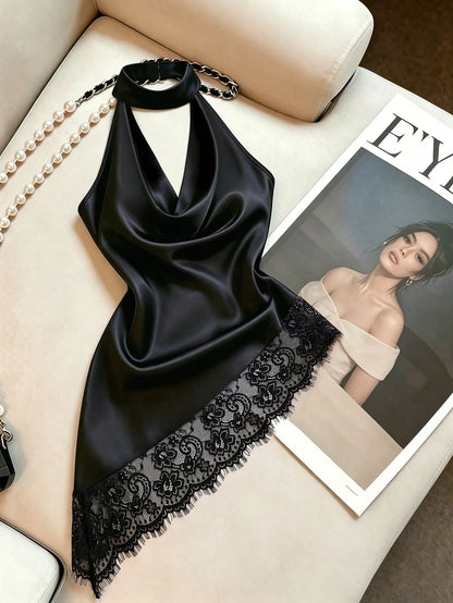 Cévolie Fashion Party Slim Fit Sexy Draped Neck Cowl Neck Ruched Lace Trim Patchwork Backless Sleeveless Tank Top