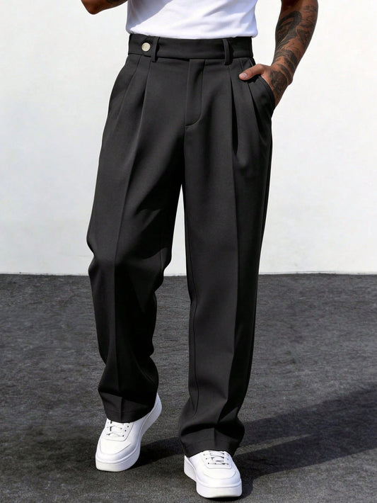 Calvornis Men's Beige Suit Pants, Vintage Loose Casual Versatile Straight Leg Dress Trousers
