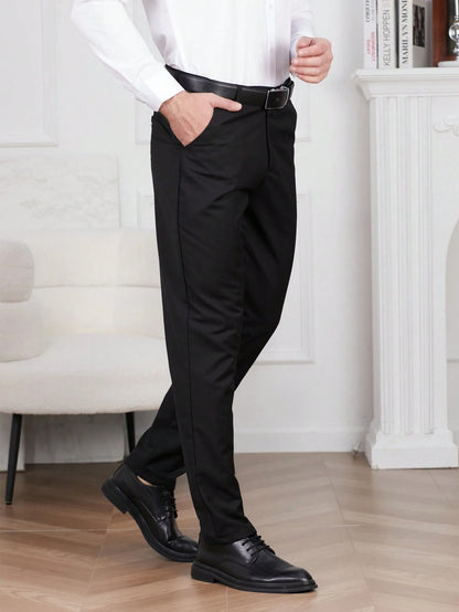 Calvornis Men's Solid Color Suit Formal Pants With Oblique Pockets, Belt Not Included, Old Money Style, Ceremony