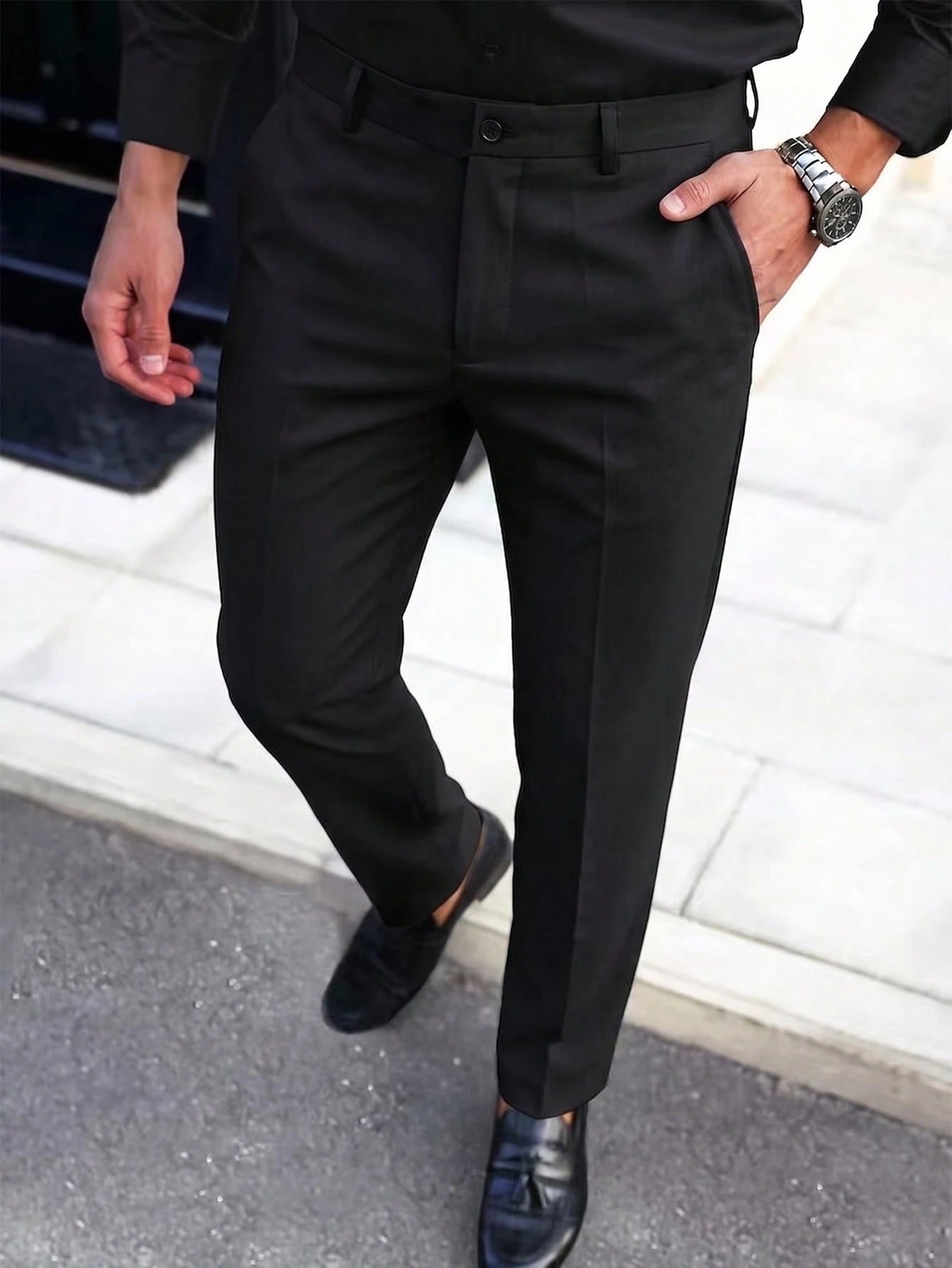 Calvornis Men's Solid Color Suit Formal Pants With Oblique Pockets, Belt Not Included, Old Money Style, Ceremony
