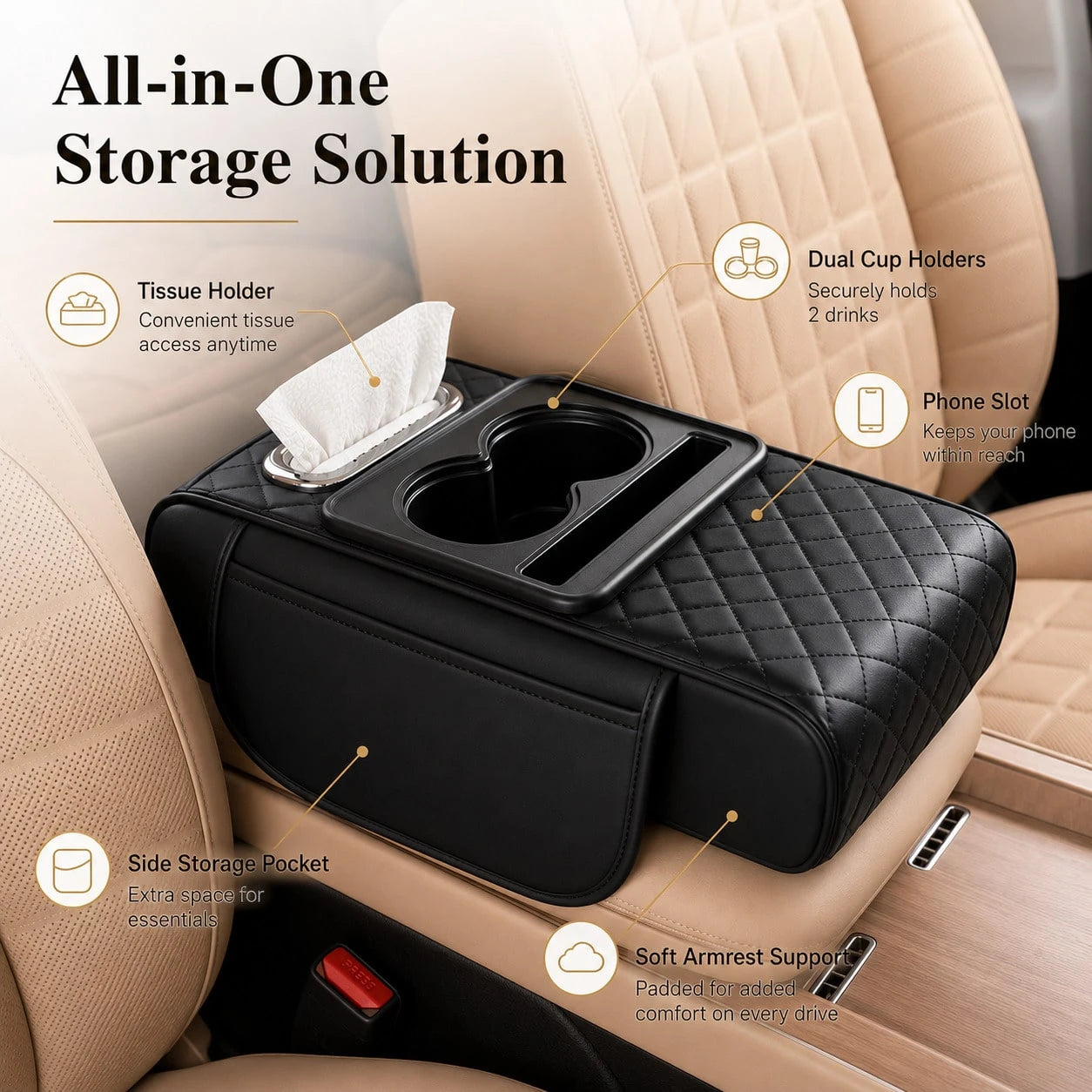 Car Armrest Cushion,5-In-1 Center Console Cover With 2 Storage Bags Cup Holder, Tissue Box Slot, Phone Slot For Sedans, Car Accessories Interior Organizers