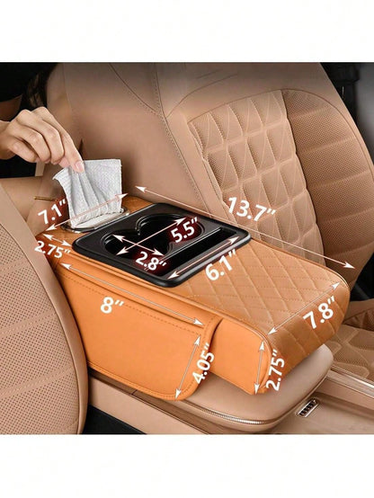 Car Armrest Cushion,5-In-1 Center Console Cover With 2 Storage Bags Cup Holder, Tissue Box Slot, Phone Slot For Sedans, Car Accessories Interior Organizers