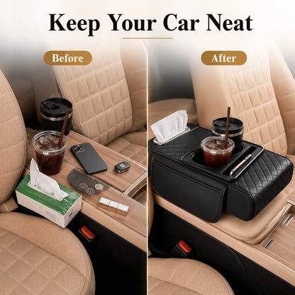 Car Armrest Cushion,5-In-1 Center Console Cover With 2 Storage Bags Cup Holder, Tissue Box Slot, Phone Slot For Sedans, Car Accessories Interior Organizers