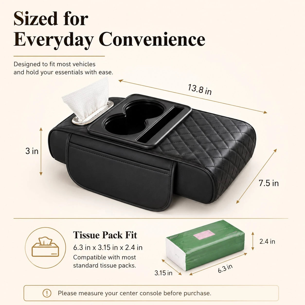 Car Armrest Cushion,5-In-1 Center Console Cover With 2 Storage Bags Cup Holder, Tissue Box Slot, Phone Slot For Sedans, Car Accessories Interior Organizers