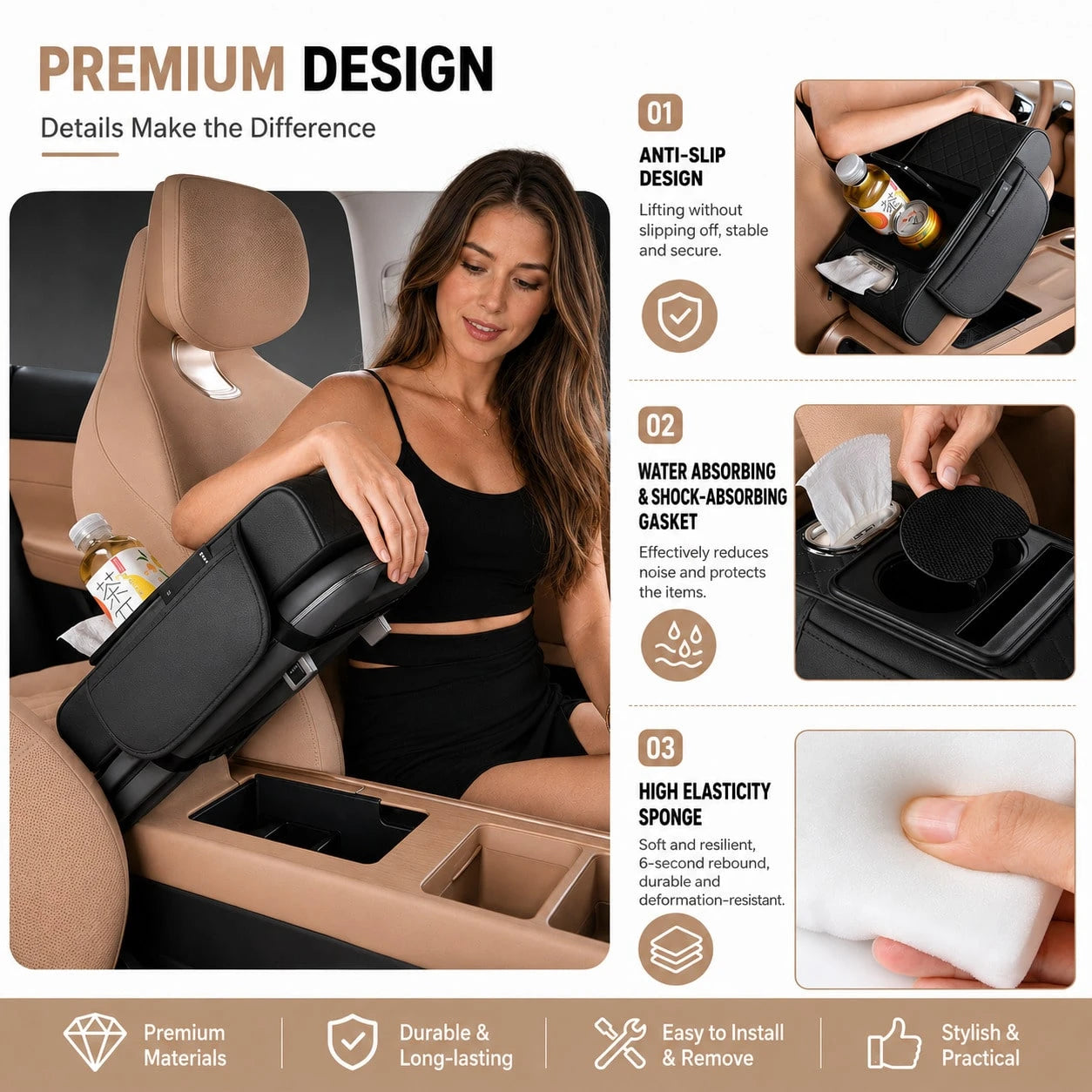 Car Armrest Cushion,5-In-1 Center Console Cover With 2 Storage Bags Cup Holder, Tissue Box Slot, Phone Slot For Sedans, Car Accessories Interior Organizers