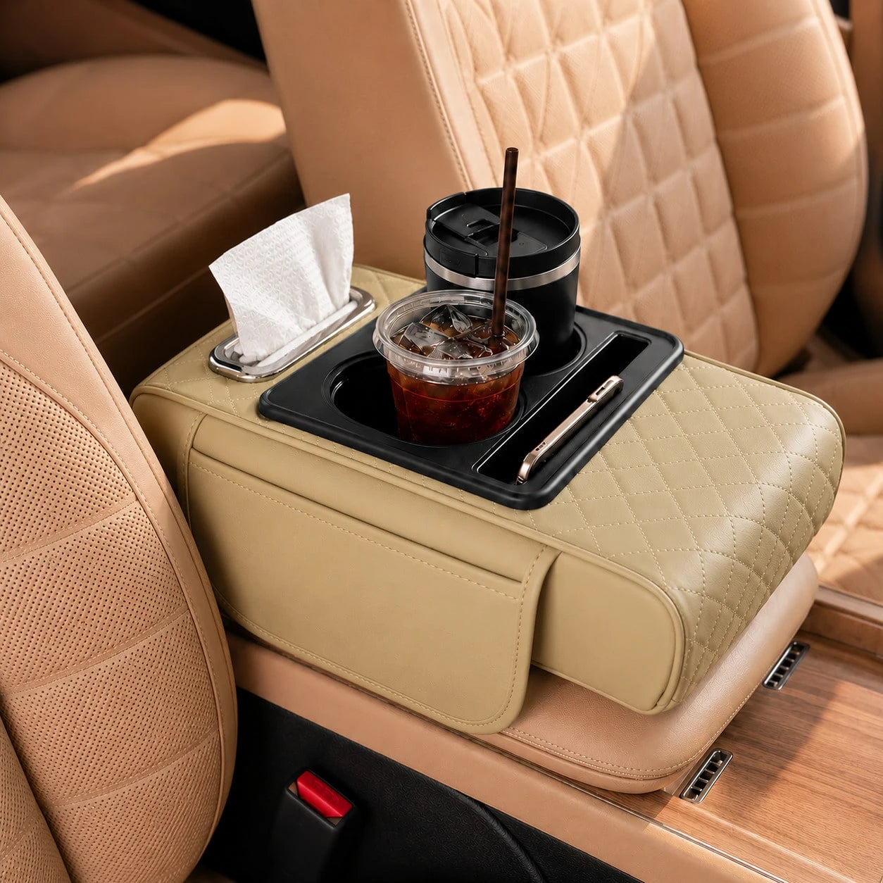 Car Armrest Cushion,5-In-1 Center Console Cover With 2 Storage Bags Cup Holder, Tissue Box Slot, Phone Slot For Sedans, Car Accessories Interior Organizers