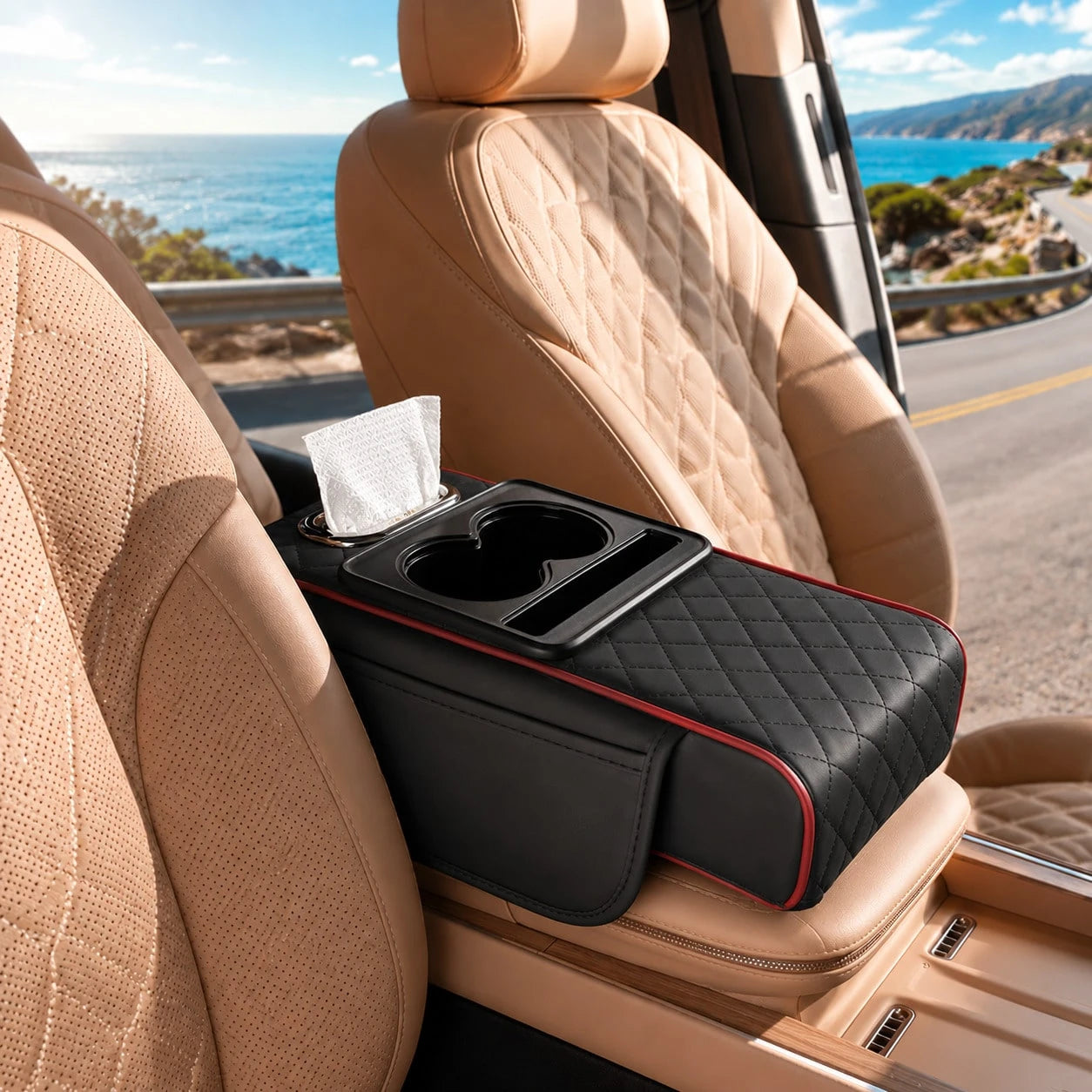Car Armrest Organizer Cushion, Universal Center Console Storage Box Cover With Cup Holder, Tissue Slot, Phone Tray & Soft Armrest Pad, Quilted Leather Auto Interior Accessories For Car, SUV & Truck