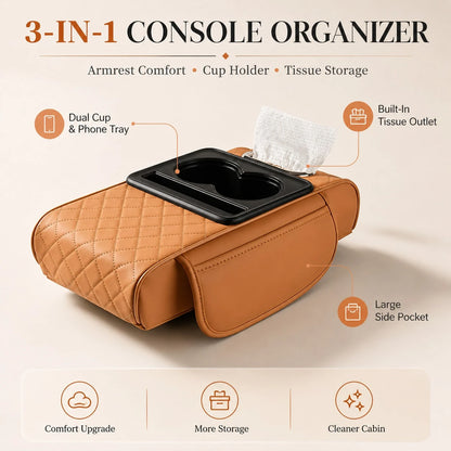Car Armrest Organizer Cushion, Universal Center Console Storage Box Cover With Cup Holder, Tissue Slot, Phone Tray & Soft Armrest Pad, Quilted Leather Auto Interior Accessories For Car, SUV & Truck