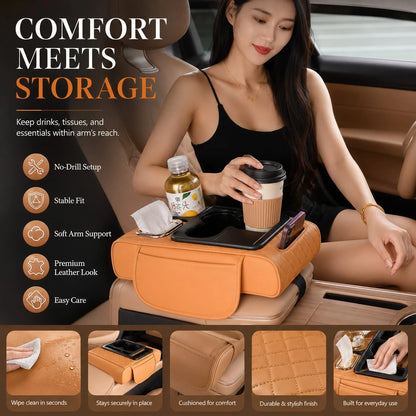 Car Armrest Organizer Cushion, Universal Center Console Storage Box Cover With Cup Holder, Tissue Slot, Phone Tray & Soft Armrest Pad, Quilted Leather Auto Interior Accessories For Car, SUV & Truck