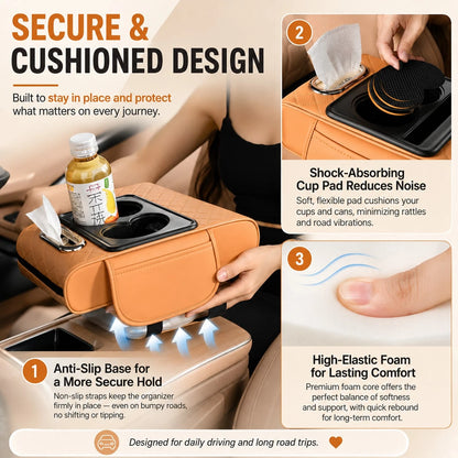 Car Armrest Organizer Cushion, Universal Center Console Storage Box Cover With Cup Holder, Tissue Slot, Phone Tray & Soft Armrest Pad, Quilted Leather Auto Interior Accessories For Car, SUV & Truck