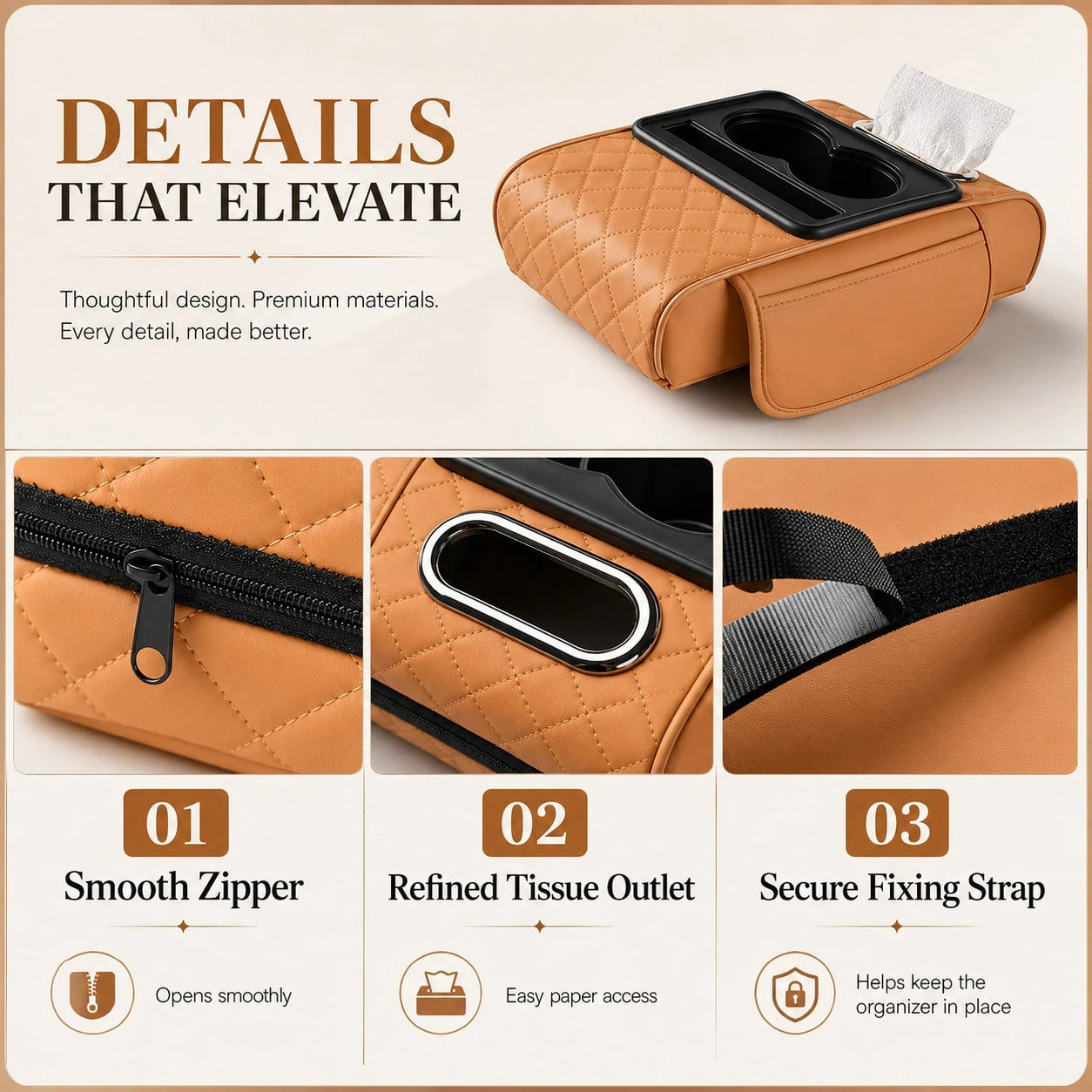 Car Armrest Organizer Cushion, Universal Center Console Storage Box Cover With Cup Holder, Tissue Slot, Phone Tray & Soft Armrest Pad, Quilted Leather Auto Interior Accessories For Car, SUV & Truck
