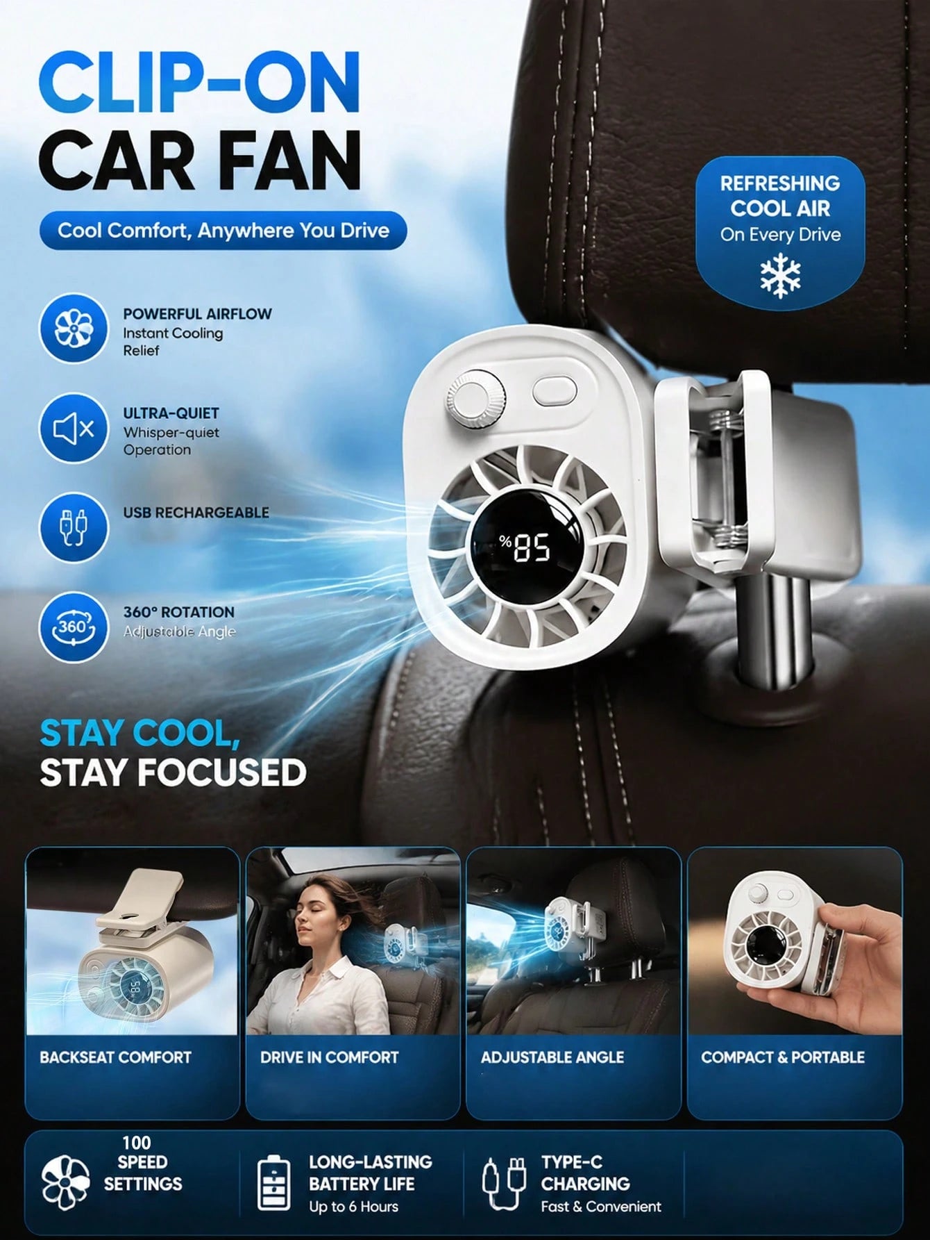 Car Clip-On Fan 100 Speeds Adjustable USB Rechargeable LED Display 1200mAh Clip-On Portable Fan With 360° Rotation, Pocket Size Summer Cooling Essentials For Travel/Beach/Concert/Car/Hiking Gifts Cli