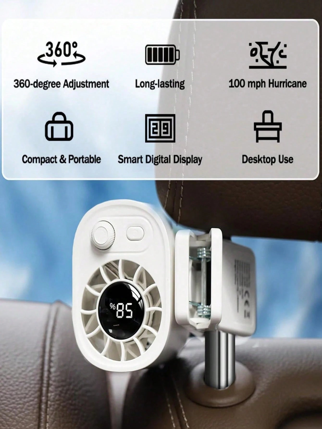 Car Clip-On Fan 100 Speeds Adjustable USB Rechargeable LED Display 1200mAh Clip-On Portable Fan With 360° Rotation, Pocket Size Summer Cooling Essentials For Travel/Beach/Concert/Car/Hiking Gifts Cli