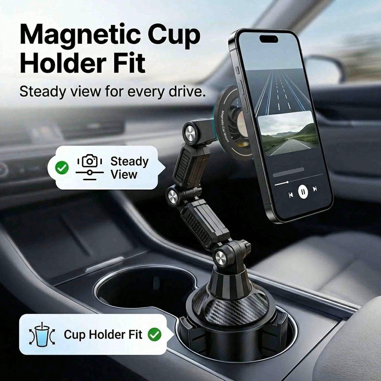 Car Cup Holder Phone Mount, Magnetic Car Phone Holder With Adjustable Long Arm And 360° Rotation, Universal Cup Holder Phone Mount For Smartphones