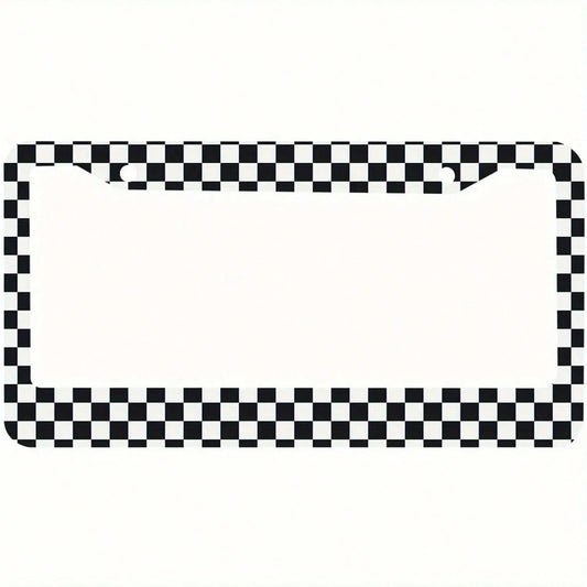 Car Frame K2 Hole Black And White Checkered Aluminum License Plate Frame- Durable Metal Car Tag Holder With Secure Mounting Holes, Fashionable Unisex, Premium Construction, Checkered Pattern, Sturdy