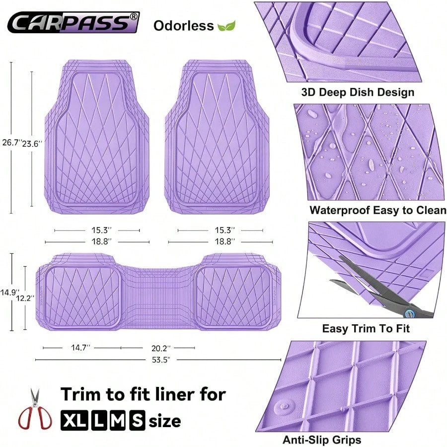 CAR PASS Heavy Duty Rubber Car Floor Mats Deep Dish All Weather Car Mats Full Set 3 Piece Waterproof Premium Anti-Slip Floor Mats Rugs Universal Trim To Fit For 95 Sedan SUV Van Truck All Purple