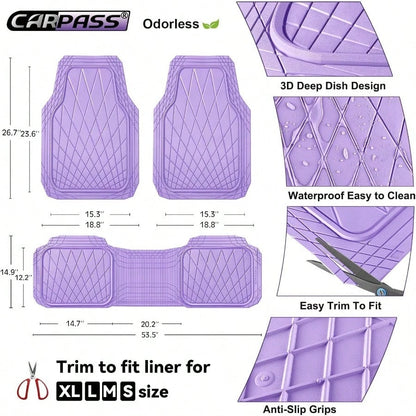 CAR PASS Heavy Duty Rubber Car Floor Mats Deep Dish All Weather Car Mats Full Set 3 Piece Waterproof Premium Anti-Slip Floor Mats Rugs Universal Trim To Fit For 95 Sedan SUV Van Truck All Purple