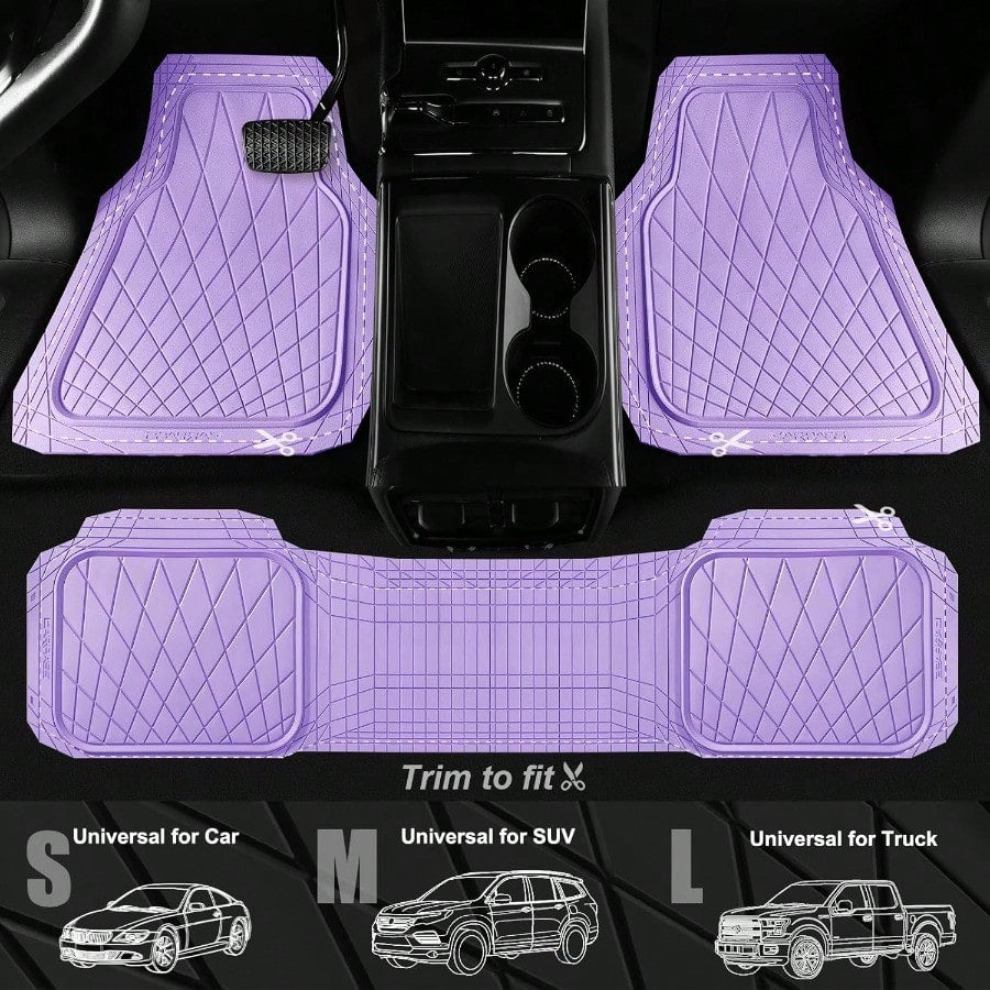 CAR PASS Heavy Duty Rubber Car Floor Mats Deep Dish All Weather Car Mats Full Set 3 Piece Waterproof Premium Anti-Slip Floor Mats Rugs Universal Trim To Fit For 95 Sedan SUV Van Truck All Purple