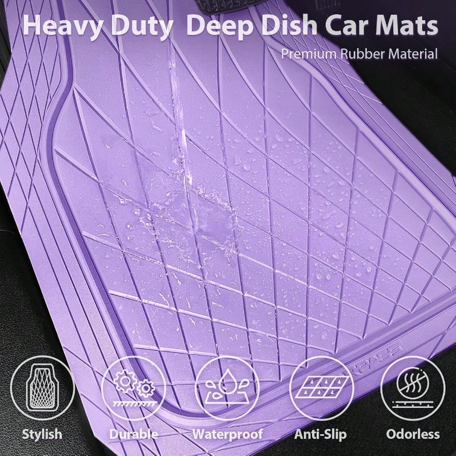 CAR PASS Heavy Duty Rubber Car Floor Mats Deep Dish All Weather Car Mats Full Set 3 Piece Waterproof Premium Anti-Slip Floor Mats Rugs Universal Trim To Fit For 95 Sedan SUV Van Truck All Purple