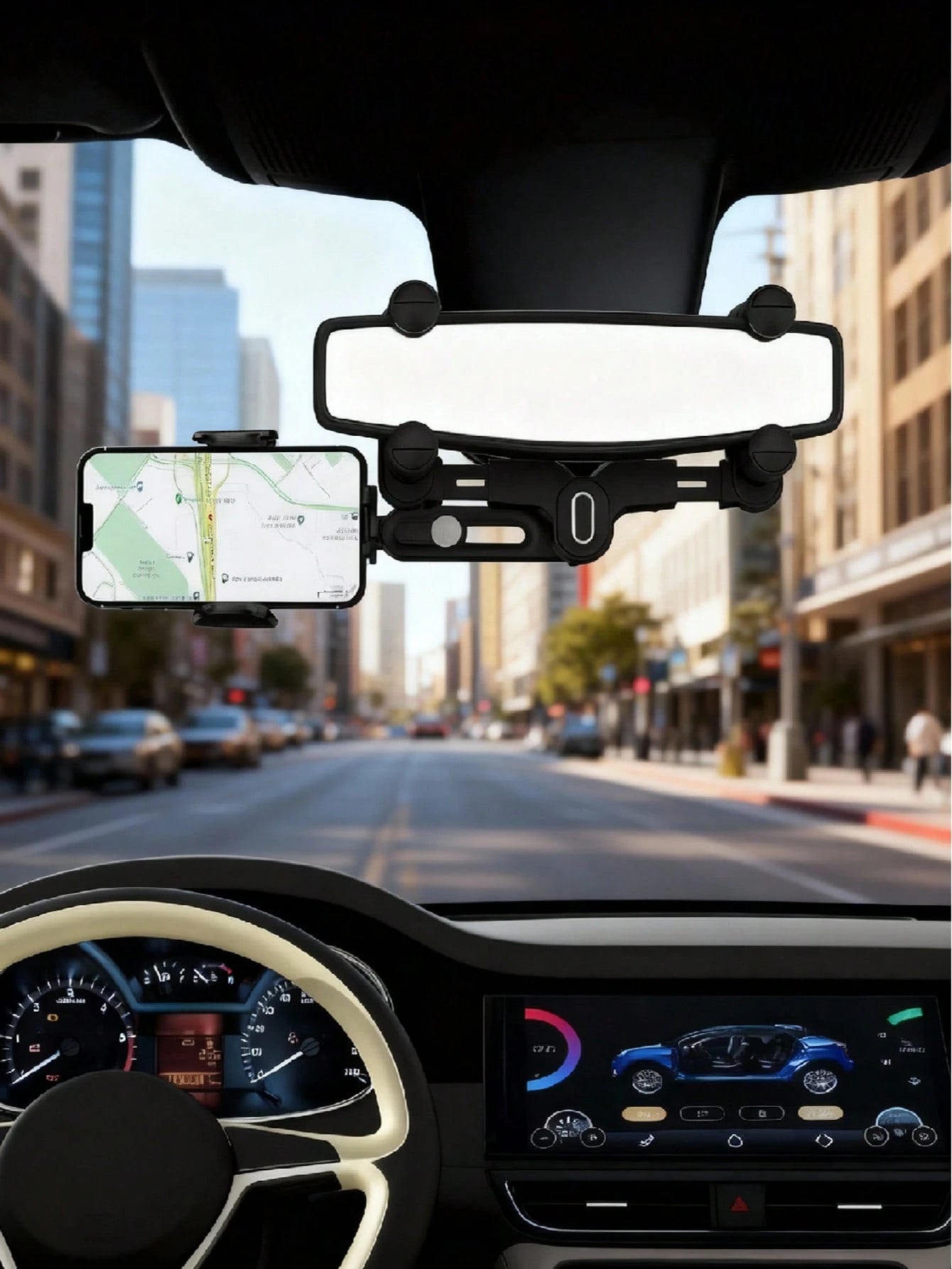Car Rearview Mirror Navigation Phone Holder Features 360° Rotation And Telescopic Extension Compatible With IPhone And All Smartphones