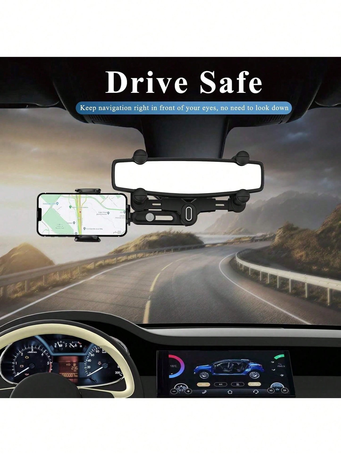 Car Rearview Mirror Navigation Phone Holder Features 360° Rotation And Telescopic Extension Compatible With IPhone And All Smartphones