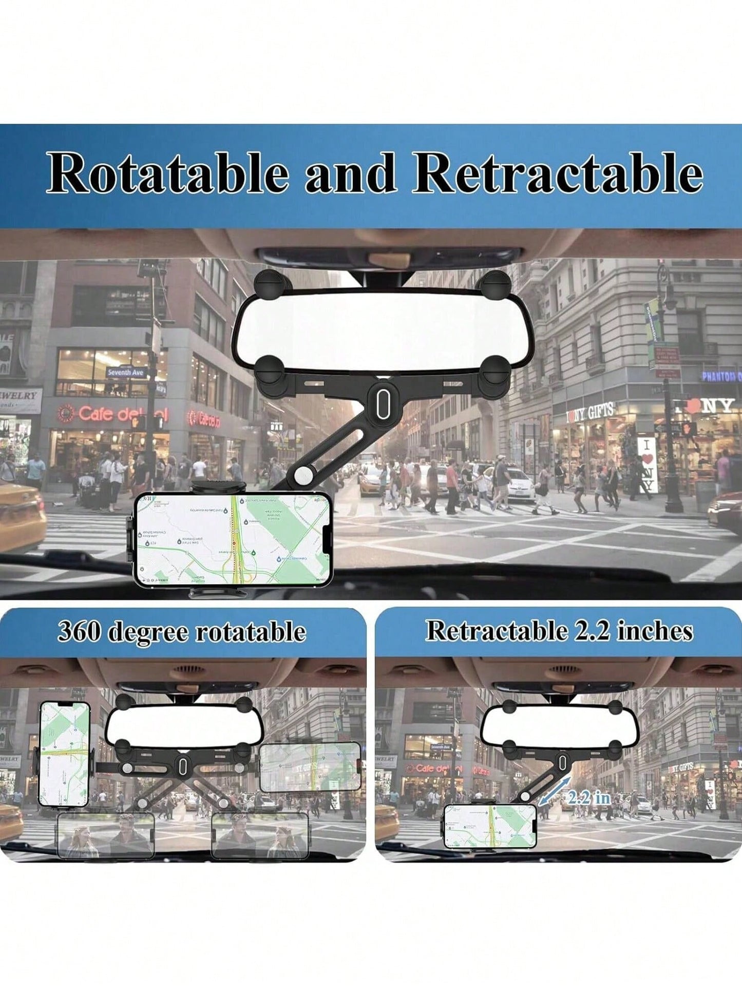 Car Rearview Mirror Navigation Phone Holder Features 360° Rotation And Telescopic Extension Compatible With IPhone And All Smartphones
