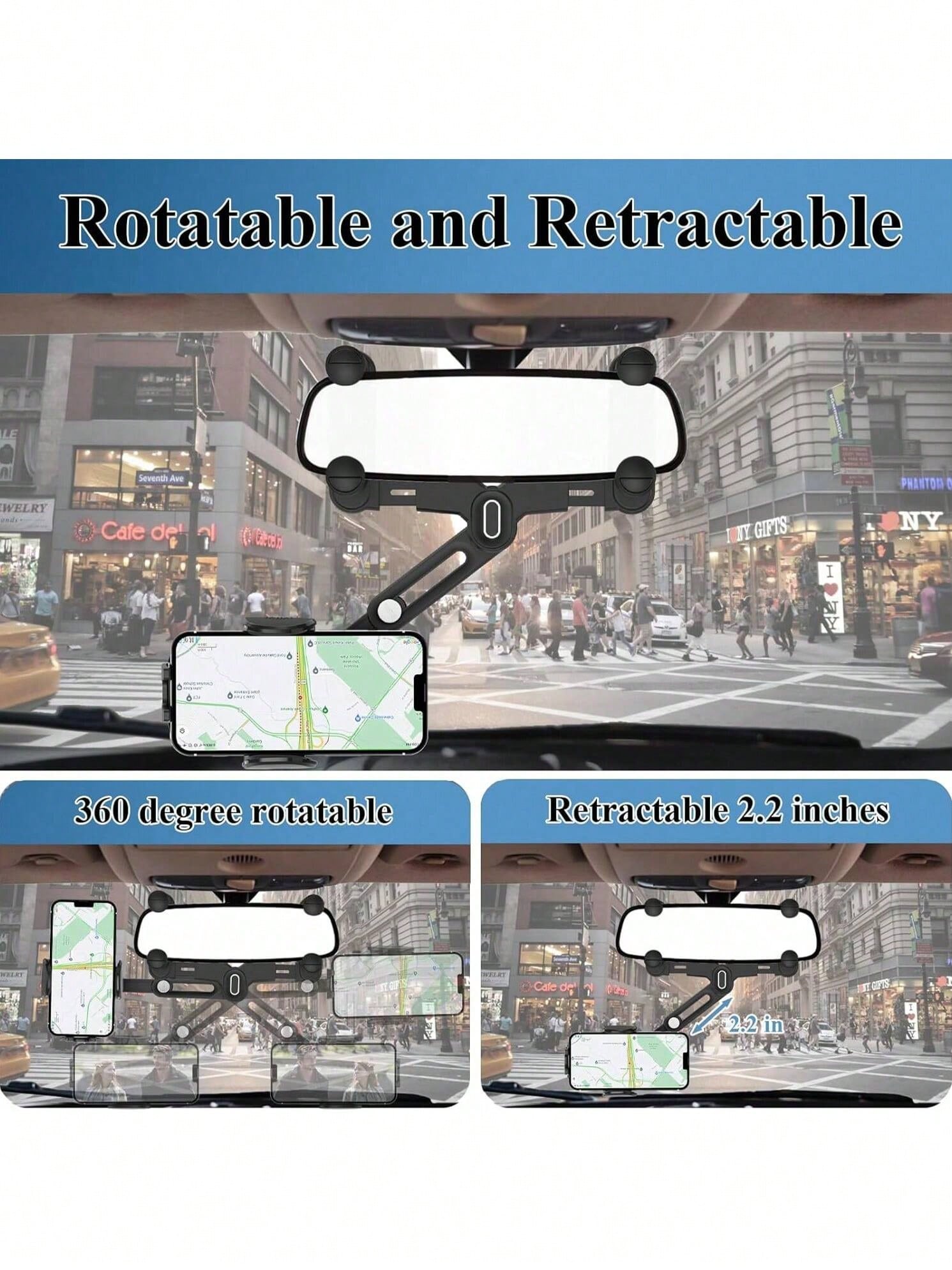 Car Rearview Mirror Navigation Phone Holder Features 360° Rotation And Telescopic Extension Compatible With IPhone And All Smartphones