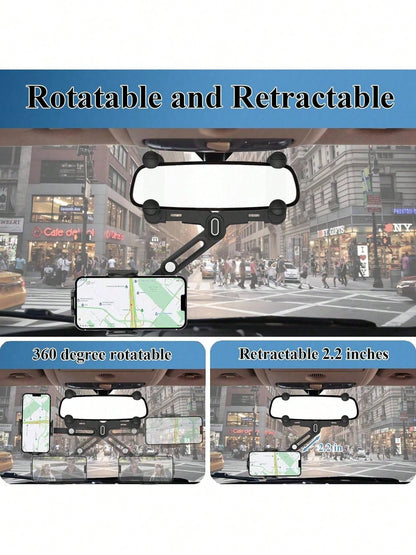 Car Rearview Mirror Navigation Phone Holder Features 360° Rotation And Telescopic Extension Compatible With IPhone And All Smartphones