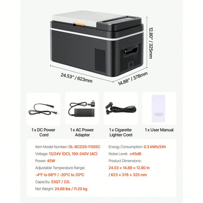 Car Refrigerator, DC 12/24V AC100-240V Compressor Electric Cooler,-4°F To 68°F Car Fridge With APP Control, 23 QT Cars Freezer For RVs, Campsites, Boats, Camping, Fishing, 45W Portable Freezer