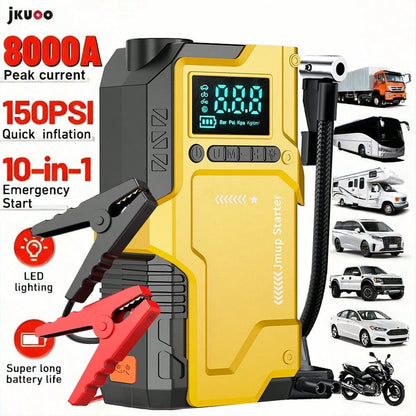 Car Repair Tools/Heavy Duty Car Battery Starter, 150PSI Tire Air Compressor, 12V Car Emergency Jump Starter, 8000A Emergency Start Battery Pack And Power Supply