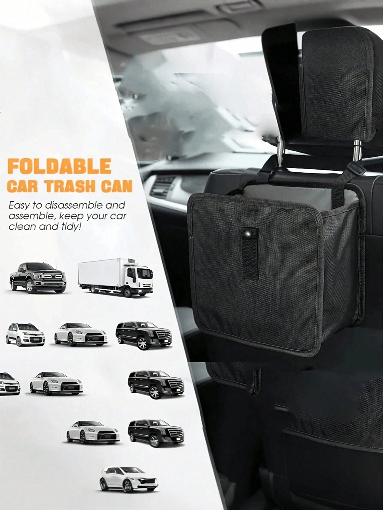 Car Trash Can- Armrest Hanging Trash Basket, 2 Gallon Waterproof Black Trash Bin- Suitable For Car Interior- Fits All Car Models- Multi-Functional Practical Car Interior Storage Bag
