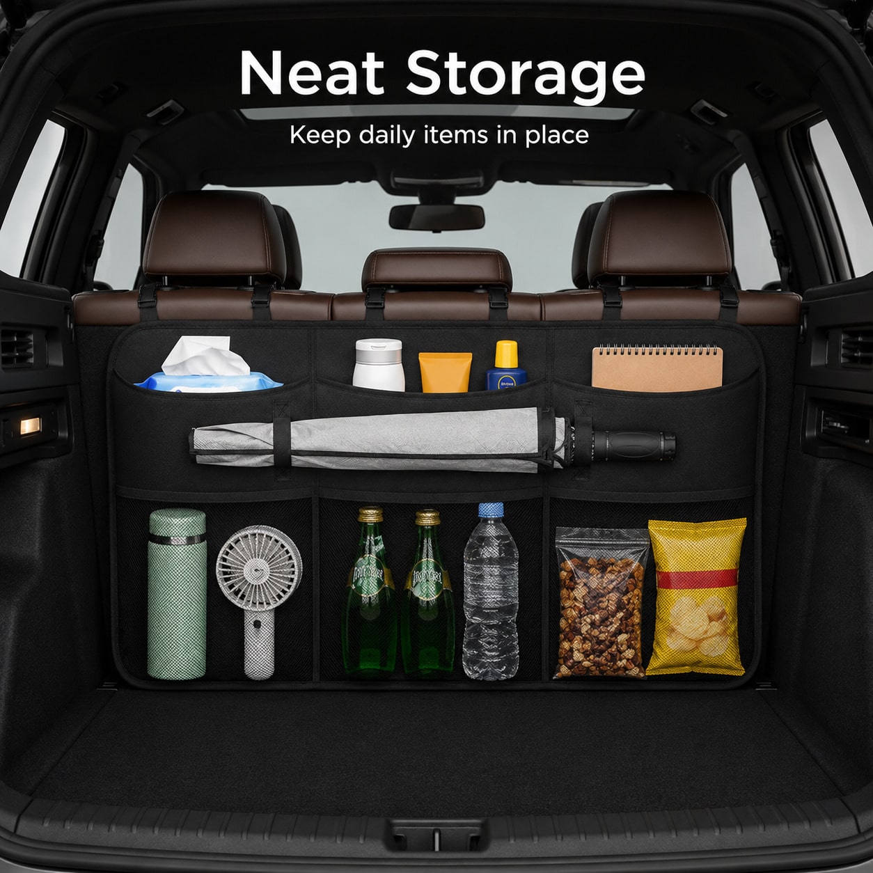 Car Trunk Seat Back Hanging Multi-Function Storage Bag, Large Capacity Partitioned Storage Mesh Pockets, Car Organizer Bag For SUV, Sedan, Travel, Camping, Daily Storage And Organization