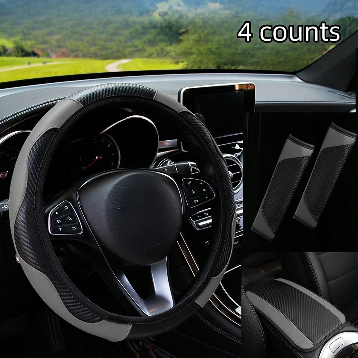 Carbon Fiber Pattern PU Leather, Anti Slip And Wear-Resistant Car Interior Four Piece Set! Designed To Fit Snugly With 1 Steering Wheel Cover, 1 Armrest Pad, And 2 Shoulder Pads For All Seasons