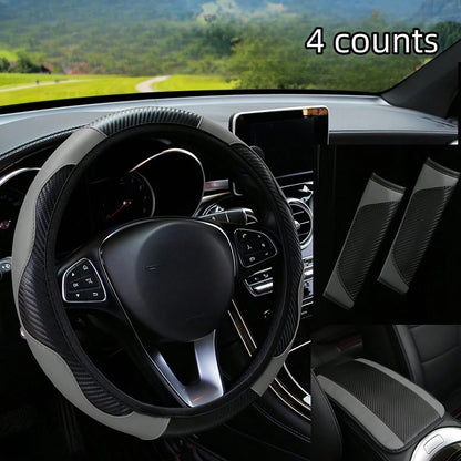 Carbon Fiber Pattern PU Leather, Anti Slip And Wear-Resistant Car Interior Four Piece Set! Designed To Fit Snugly With 1 Steering Wheel Cover, 1 Armrest Pad, And 2 Shoulder Pads For All Seasons