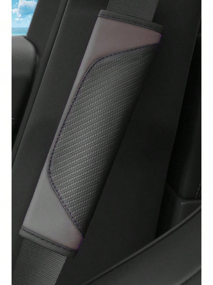 Carbon Fiber Pattern PU Leather, Anti Slip And Wear-Resistant Car Interior Four Piece Set! Designed To Fit Snugly With 1 Steering Wheel Cover, 1 Armrest Pad, And 2 Shoulder Pads For All Seasons