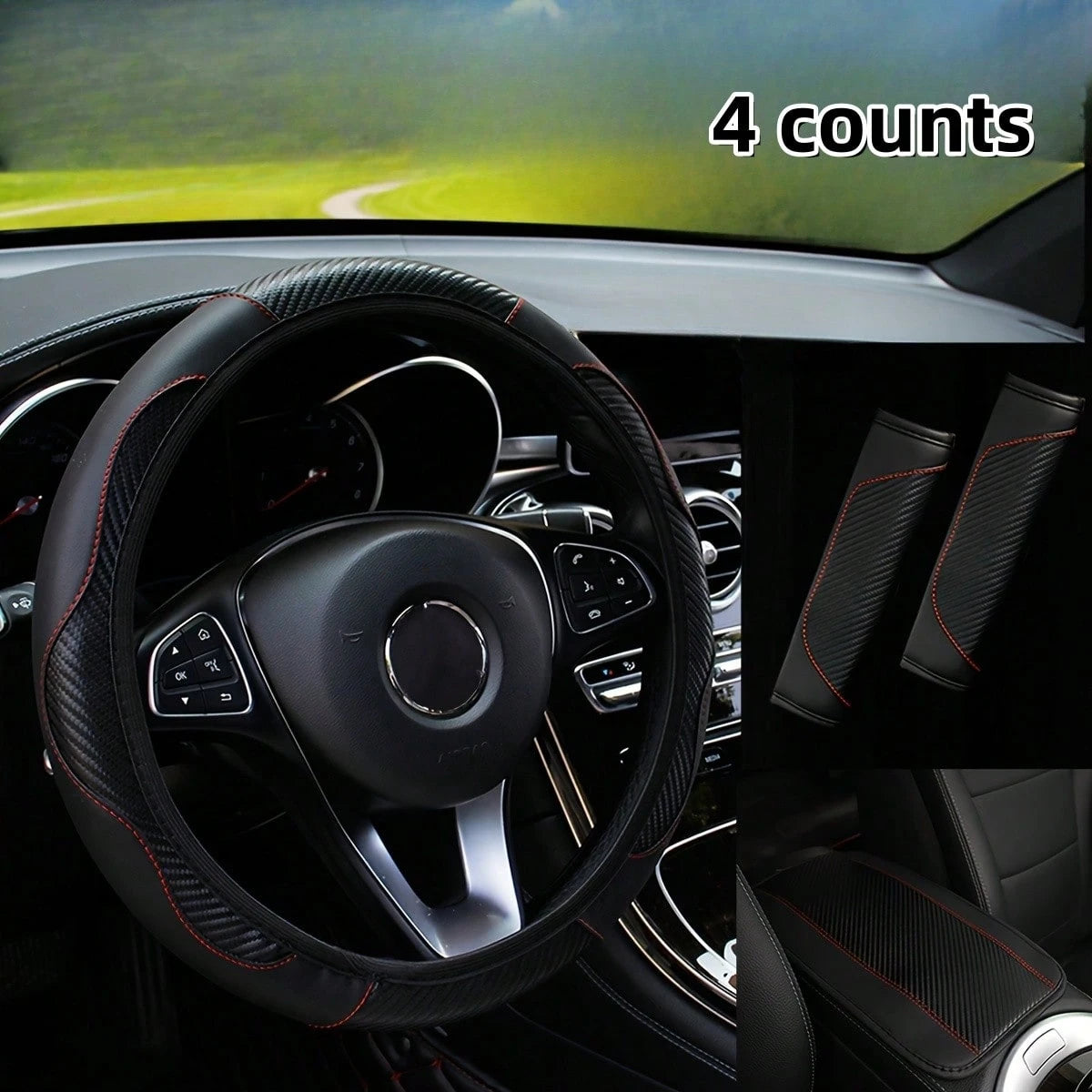 Carbon Fiber Pattern PU Leather, Anti Slip And Wear-Resistant Car Interior Four Piece Set! Designed To Fit Snugly With 1 Steering Wheel Cover, 1 Armrest Pad, And 2 Shoulder Pads For All Seasons