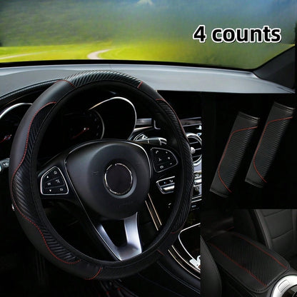 Carbon Fiber Pattern PU Leather, Anti Slip And Wear-Resistant Car Interior Four Piece Set! Designed To Fit Snugly With 1 Steering Wheel Cover, 1 Armrest Pad, And 2 Shoulder Pads For All Seasons